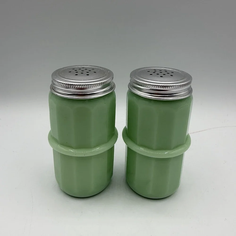 Pair of Jadeite Salt & Pepper Shakers‎ Barrel Shaped Paneled w/ Aluminium Lids